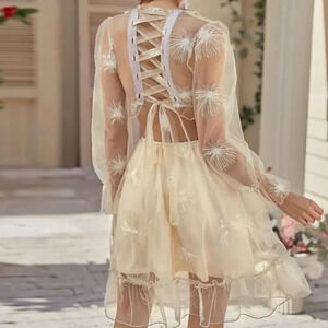 NEW! Mesh Floral Lace Plunging Neck Cut Out Lace Up Dress